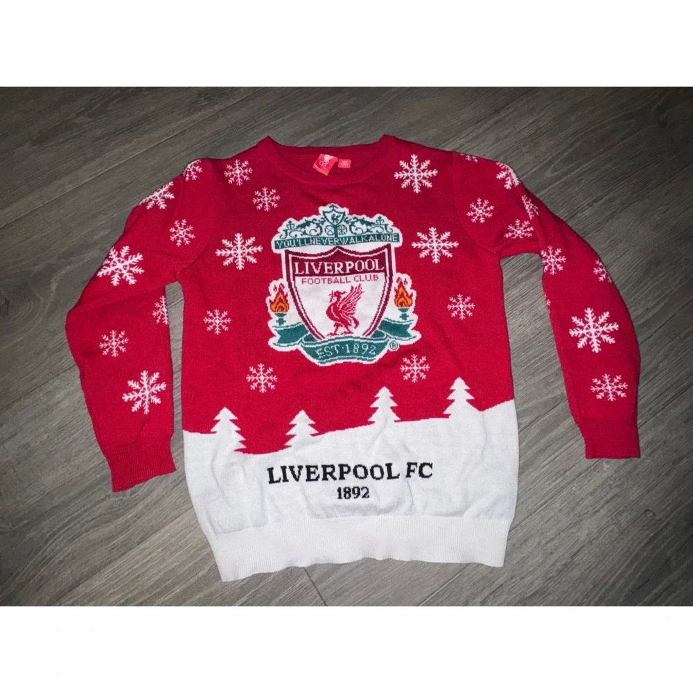 Liverpool FC Official Kids Christmas Sweater Red White YNWA Youth 11-12 Years